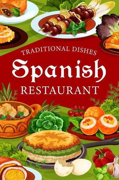 Ισπανική Κουζίνα Εστιατόριο Διάνυσμα Τροφίμων Κρέατος Ψαριών Και Λαχανικών Σουβλάκια — Διανυσματικό Αρχείο