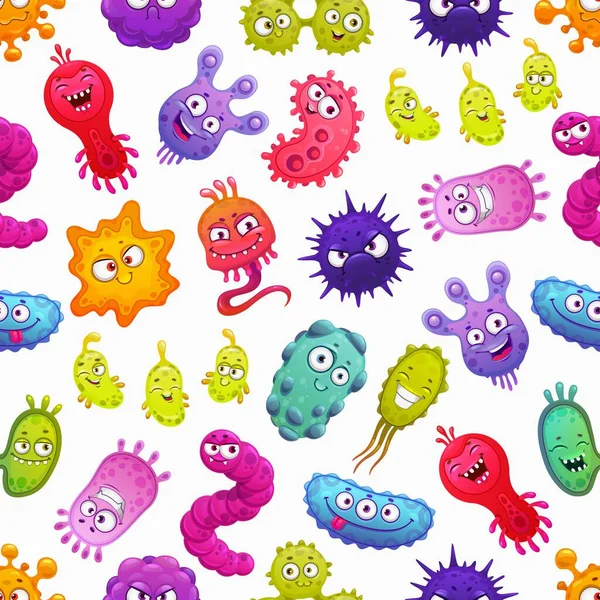 かわいい微生物モンスターのキャラクターとウイルス 細菌や生殖ベクトルシームレスパターン 感染症病原体の細胞と漫画の背景 コロナウイルス インフルエンザ アデノウイルス インフルエンザ ロタウイルス — ストックベクタ