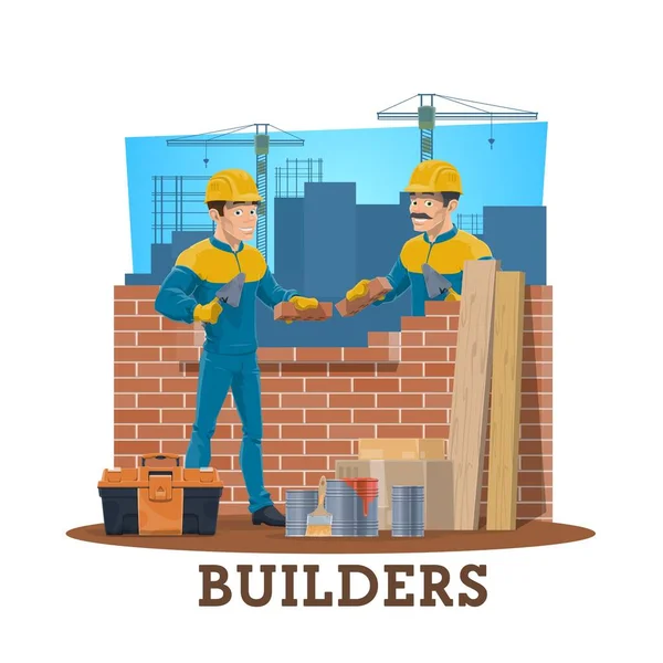 Bricklayer Builders Vector Construction Industry Workers Mason Cartoon Characters Laying — Stock Vector