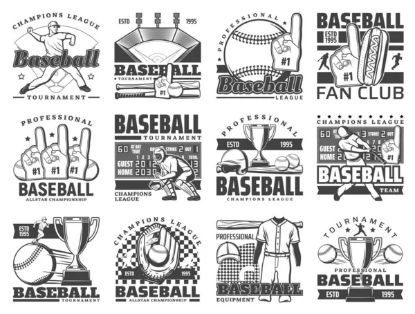 Icônes Vectorielles Baseball Sport Avec Balles Chauves Souris Stade Joueurs — Image vectorielle