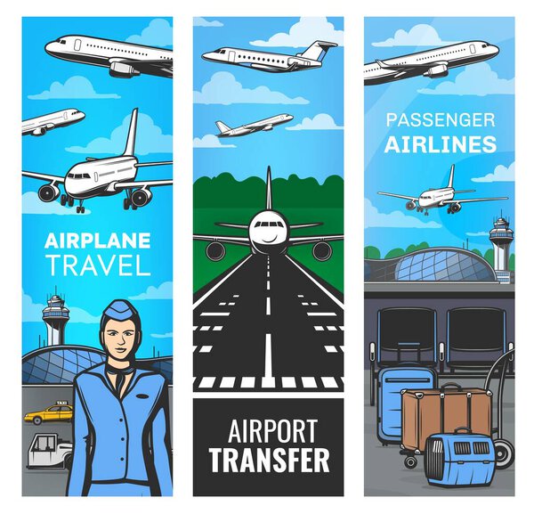 Air travel, airline and airport service vector banners of aircraft and passenger transportation. Airplane, flight attendant and airport departure terminal, luggage, chairs, traffic tower and runway