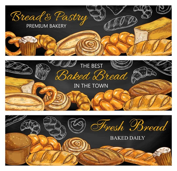 面包和糕点食品素描横幅的病媒黑板与小麦面包面包面包 法式面包和羊角面包 纸杯蛋糕或松饼 肉桂卷和麦片面包 三明治吐司 椒盐卷饼和沙拉 — 图库矢量图片