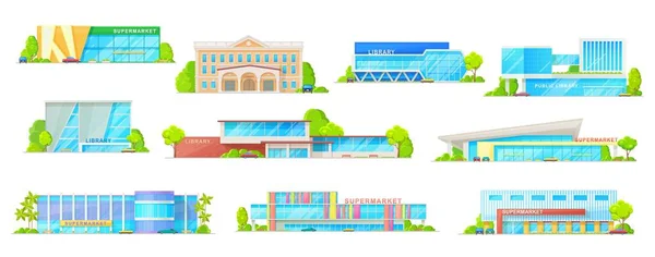 Supermarché Bibliothèque Publique Construisant Des Icônes Vectorielles Isolées Avec Magasin — Image vectorielle