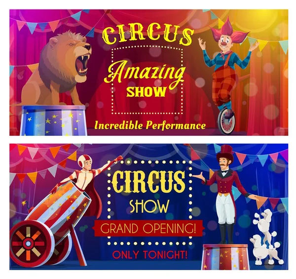 Circus Performers Van Chapiteau Carnaval Show Cartoon Vector Clown Acrobat — Stockvector