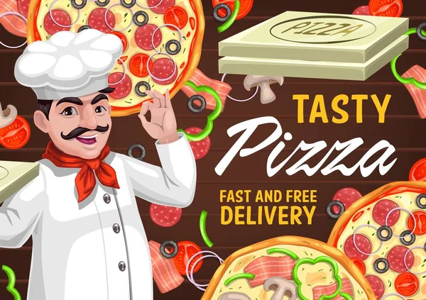 Pizza Šéfkuchař Karikatura Vektor Italského Fast Food Restaurace Doručovací Plakát — Stockový vektor