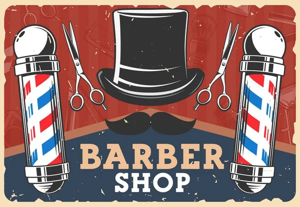 Cartaz Retro Barbearia Com Vetor Homem Cabeleireiro Salão Barbearia Pólos —  Vetores de Stock