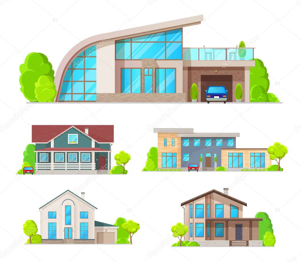 Real estate building icons of vector cottage houses, villas, bungalows, townhouses or mansions. Front view of town or village residential buildings with windows, doors, roofs, chimneys and garages