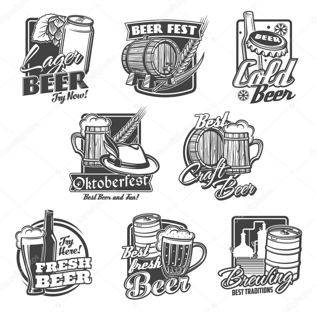 Beer alcohol drink vector icons with beer bottles, glasses and mugs. Pub, bar or brewery pints of ale and lager beverages, barrel, hops and barley, tap, can, brewing tanks and Oktoberfest tankard