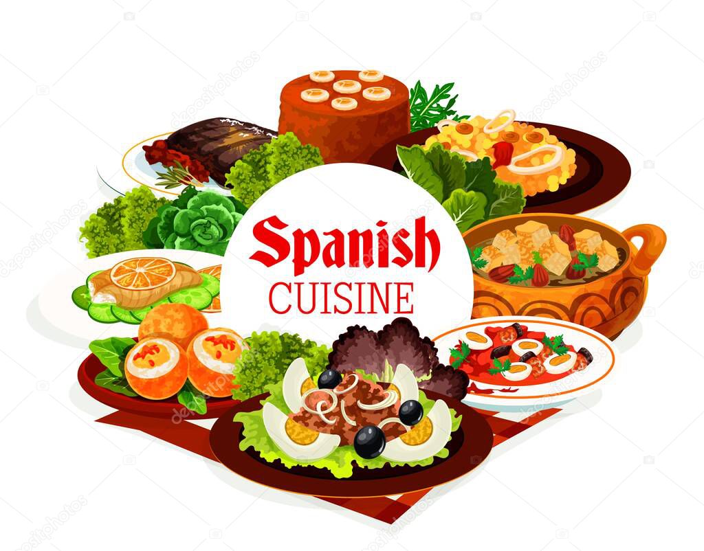 Spanish cuisine vector food of seafood paella, vegetable fish salads with olives and eggs, almond and bread soup, beef meat steak, banana mousse dessert and grilled sardine. Restaurant dinner menu