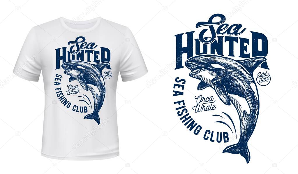 Killer whale vector print mockup of fishing sport club t-shirt design. Orca, sea or ocean animal jumping out of water grunge print template with letterings for custom apparel of fisherman club