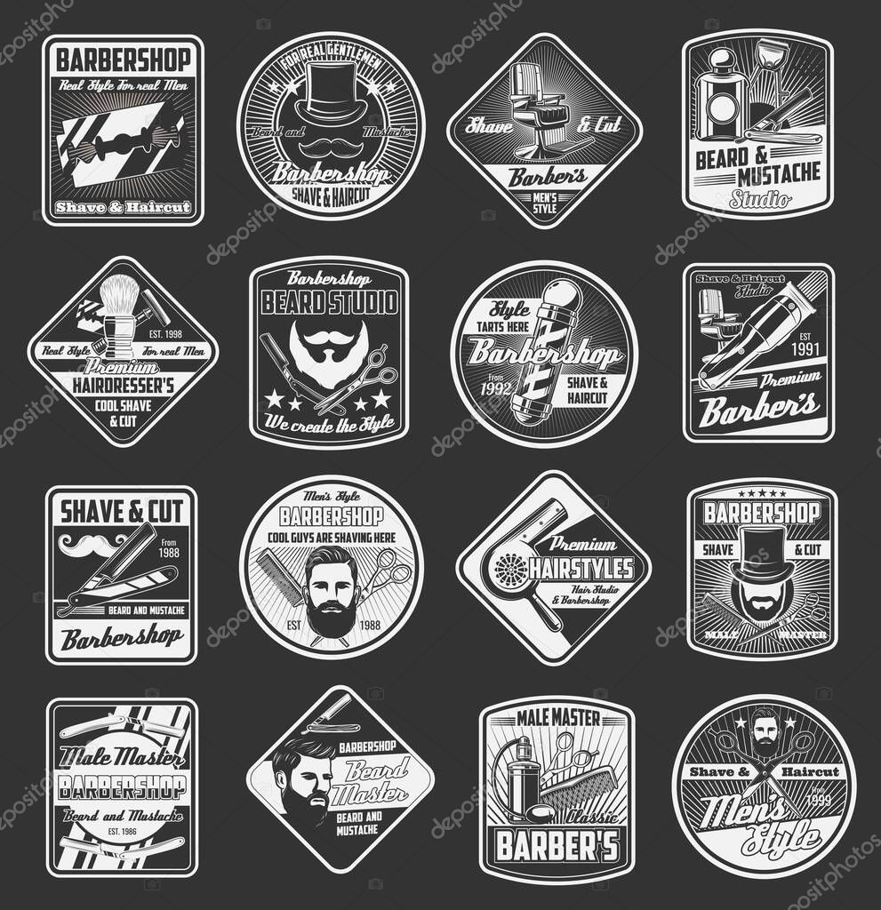 Barbershop and hair cut salon icons with vector barber shop pole, hairdresser razor, scissors, chair and brush. Hipster man with beard, grooming shaver and trip clipper, mustache blade, and hair dryer