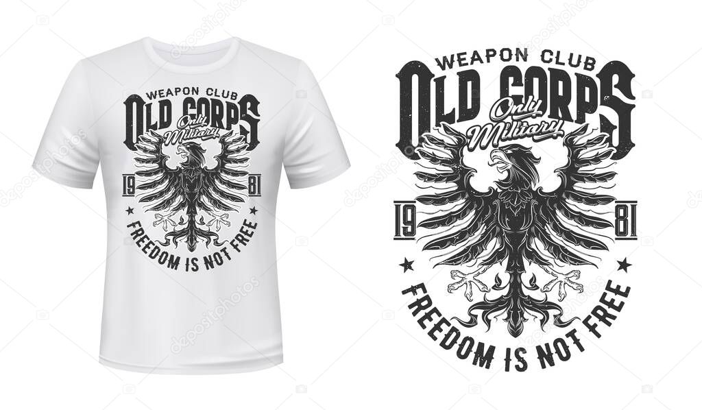Heraldic eagle vector print mockup for t-shirt of military, weapon or shooting sport clubs. Black eagle, hawk or falcon bird with raised wings and spread feathers print template of custom apparel