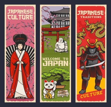 Japon dini ve kültürü, vektör ejderha, samuray, Kabuki ve Noh tiyatrosu. Pagoda, bonsai ağacı ve geyşa elbisesi ve kağıt yelpazesi olan aktris, sakura çiçekleri, torii kapısı, maneki neko, ayakkabı al.