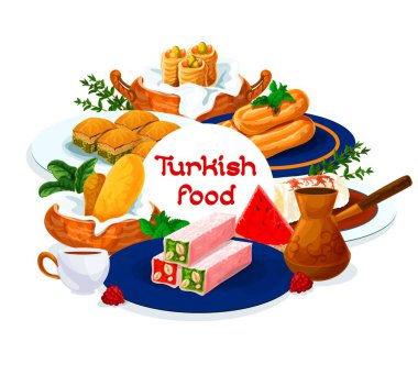 Türk mutfağı menüsü, tatlı tatlısı, vektör pastane kekleri. Türk yemeği ve sıcak içecekler, kahve ve çay ile Türk tatlıları, şam fıstığı baklavası ve choux pastaları