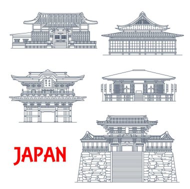 Japon tapınakları, Japon pagoda binaları, mimari yapılar ve vektör Budist tapınakları. Japonya Kamakura Tokeiji, Takedera ve Sugimotodera Tapınağı, Kenchoji Tsurugaoka ve Hachimangu Shinto türbesi