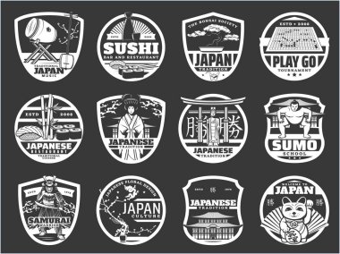 Japon dini, tarihi ve kültürü, Japon suşi mutfağı, seyahat simgeleri vektör simgeleri. Japon müzik aletleri, tapınak mimarisi, suşi restoranı, samuray zırhı müzesi ve sumo okulu.
