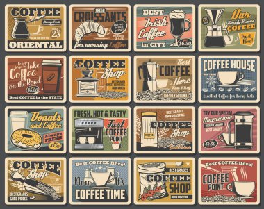 Kahve retro posterleri, kahve makineleri, kafe ve kafeterya vektör vintage tabelaları. Kahve evi sıcak americano ve espresso sıcak fincan, kruvasan ve donut, kahve çekirdeği değirmeni ve üreticisi.