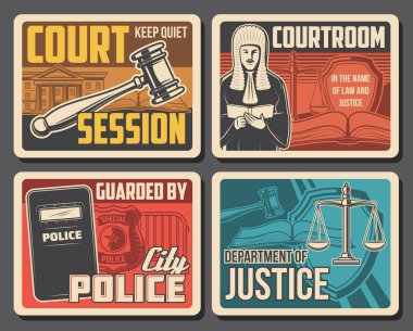 Yargıç mahkemesi, hukuk ve mevzuat adaleti, avukat ve mahkeme vekil retro posterleri. Sivil güvenlik ve polis rozeti, eyalet mahkemesi, adalet ölçeği ve yargıç tokmağı, yargı ve sivil haklar