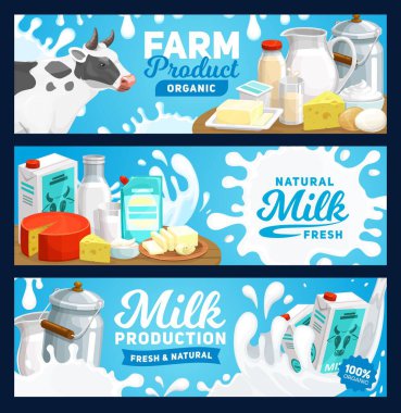 Süt ürünleri afişleri, çiftlik gıda peyniri, yoğurt ve tereyağlı kahvaltı, vektör. Süt ürünleri ve inek yetiştiriciliği, sürahi, tereyağı, süzme peynir ve yoğurtta doğal organik süt.