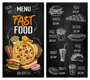 Fast food skeçleri, karatahta menü burgerleri, pizza ve hamburgerler, vektör restoran kafeli sandviçler. Çizburger, patates kızartması, Meksika takosu, kahve, soda ve çörek için fast food menüsü.