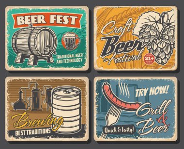 Bira fabrikası retro posterleri, alkol içecekleri bar ve bar, vektör. Bira fabrikası ve ızgara barı, Ekim Festivali demleme gelenekleri, sosisler ve atıştırmalıklar, bira fıçısı ve bira kupası.