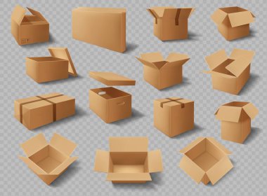 Karton kutular, paketler ve kargo paketleri, vektör gerçekçi modeller. Kahverengi karton kutular yapıştırıcı bant, dikdörtgen depolama ve teslimat paketleriyle açılıp kapatılıyor.
