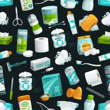 Hygiene and healthcare seamless pattern, washing and bathing items background. Health care toiletries daily cosmetics, shaving razor, hygienic tampons, baby diaper, wet towels and toothpaste pattern clipart