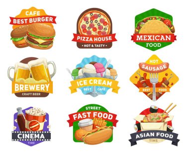 Fast food ikonları, hamburger menüsü, restoran hamburgerleri, içecekler, atıştırmalıklar ve sandviçler, sinema, bar vektör tabelaları. Pizzacı, patlamış mısır, Meksika tacosu ve Asya eriştesi, Japon suşisi ve sosisli ızgara.