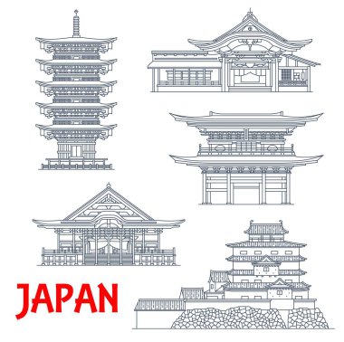 Japonya tapınakları, Kamakura ve Yamagata 'daki Japon pagoda binaları, vektör simgeleri. Engakuji Zen ve Dainichibo Tapınağı, Torinji Shinto Tapınağı, Dewa Sanzan tapınağı ve Kanegasaki Tsuruga Kalesi