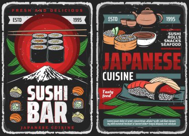 Suşi bar dürümleri, Japon yemekleri Asya lokantası balık ve deniz ürünleri menüsü. Japon suşi barı geleneksel suşi ve bento... Philadelphia somon balığı ve ton balığı rulosu, pirinç ve miso çorbası.