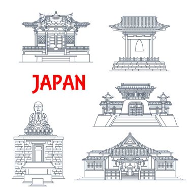 Japon binaları, Japon tapınakları, evler ve pagoda kuleleri, Kamakura 'nın mimari simgeleri. Tennoji 'li Bell ve Buddha, Dayenji Tokyo tapınağı ve Nikko' daki Taiyuin-byo mozolesi.