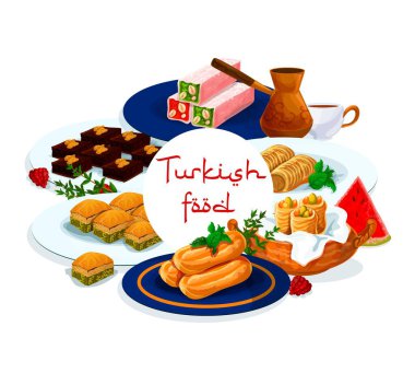 Türk mutfağı menüsü, hamur tatlısı ve tatlılar, geleneksel hindi pastanesi kafeteryası veya kafeteryası, vektör. Türk kahvesi ve çikolatalı kek, puro borek ve davul choux tatlı tatlı tatlı