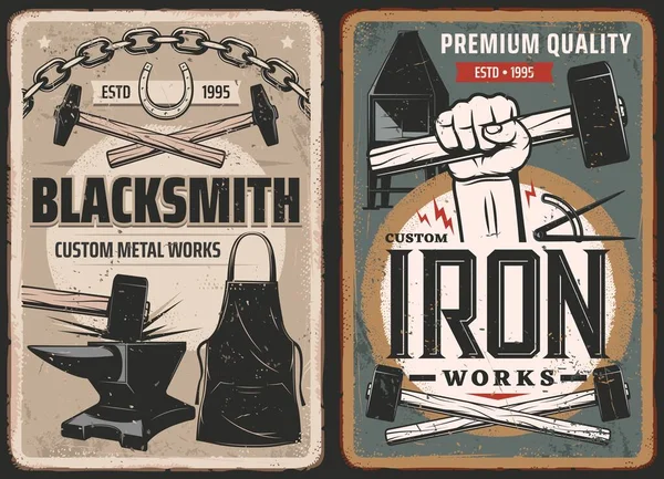 铁匠作品 钢制复古海报 矢量复古海报 铁匠铁锤和铁锤在手 金属锻造工业 铁匠炉和铸造工具 马蹄和铁链 — 图库矢量图片