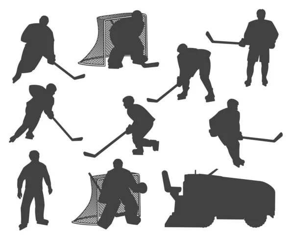 Eishockeyspieler Silhouetten Eisbahn Arena Wiederauferstehung Und Schiedsrichter Vektor Symbole Eishockeyspieler — Stockvektor