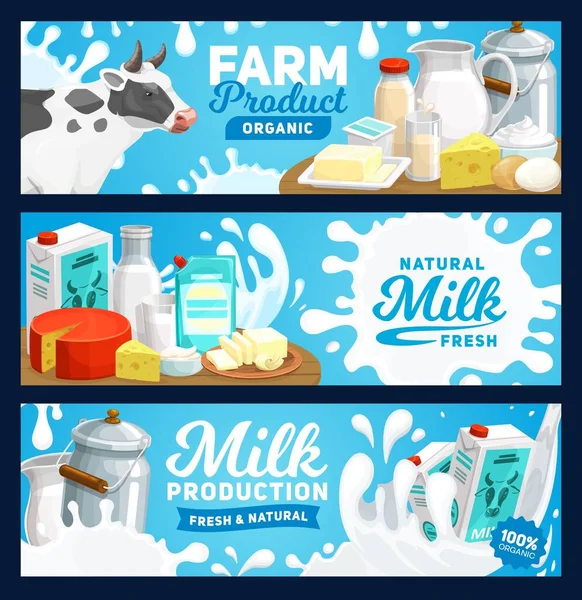 Dairy Milk Product Banners Farm Food Cheese Yogurt Butter Breakfast — Stock Vector