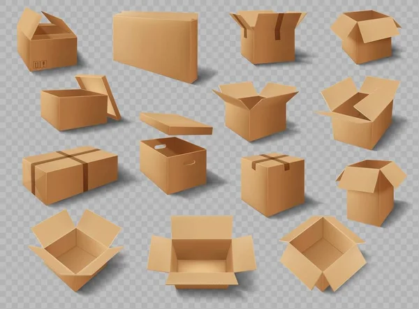 Cardboard Boxes Packages Delivery Carton Cargo Packs Vector Realistic Mockups — Stock Vector