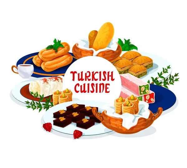 Kuchnia Turecka Jedzenie Deser Słodycze Menu Posiłki Wektor Ciasto Cukiernicze — Wektor stockowy