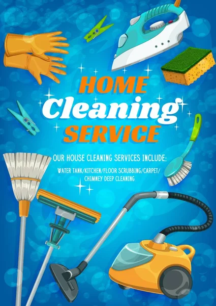 Schoonmaakdienst Huis Flat Washing Huishoudelijke Dweil Stofzuiger Vector Poster Schoonmaakborstel — Stockvector