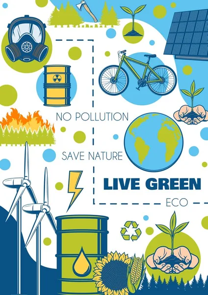 環境と生態系のポスター 緑のエネルギーと地球の自然保護 ベクトルエコの概念 地球のベクトルポスター バイオ燃料と有毒廃棄物 代替エネルギー太陽光とエコ輸送を保存します — ストックベクタ