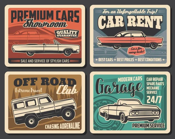 Servicio Alquiler Coches Vintage Reparación Automóviles Garaje Carteles Retro Vector — Archivo Imágenes Vectoriales