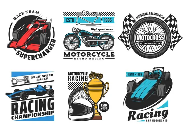Racing Motorsport Icons Motorcycle Car Rally Races Speedway Motocross Vector — Stock Vector