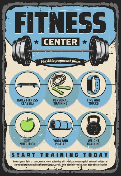 체육관 스포츠 포스터 센터에서는 요가와 보디빌딩 자전거타기 기구와 장비를 시킨다 — 스톡 벡터