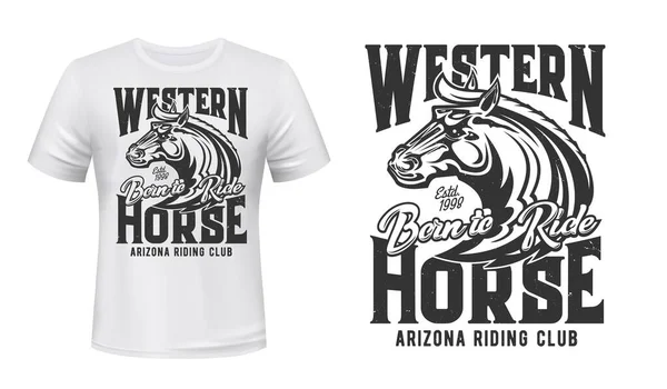 Horse stallion t-shirt print, riding sport club, equestrian polo racing, vector mockup. Wild horse stallion or mustang head with Born to Ride motto quote, Western Arizona equine riding club print