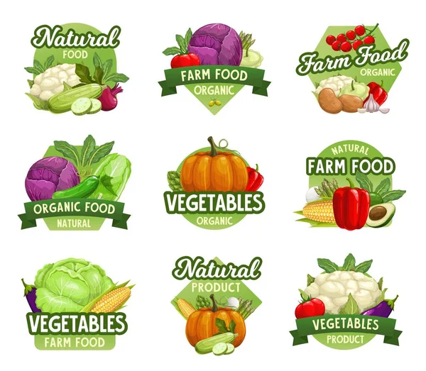 Iconos Verduras Verduras Del Mercado Agrícola Tienda Productos Verdes Emblemas — Archivo Imágenes Vectoriales