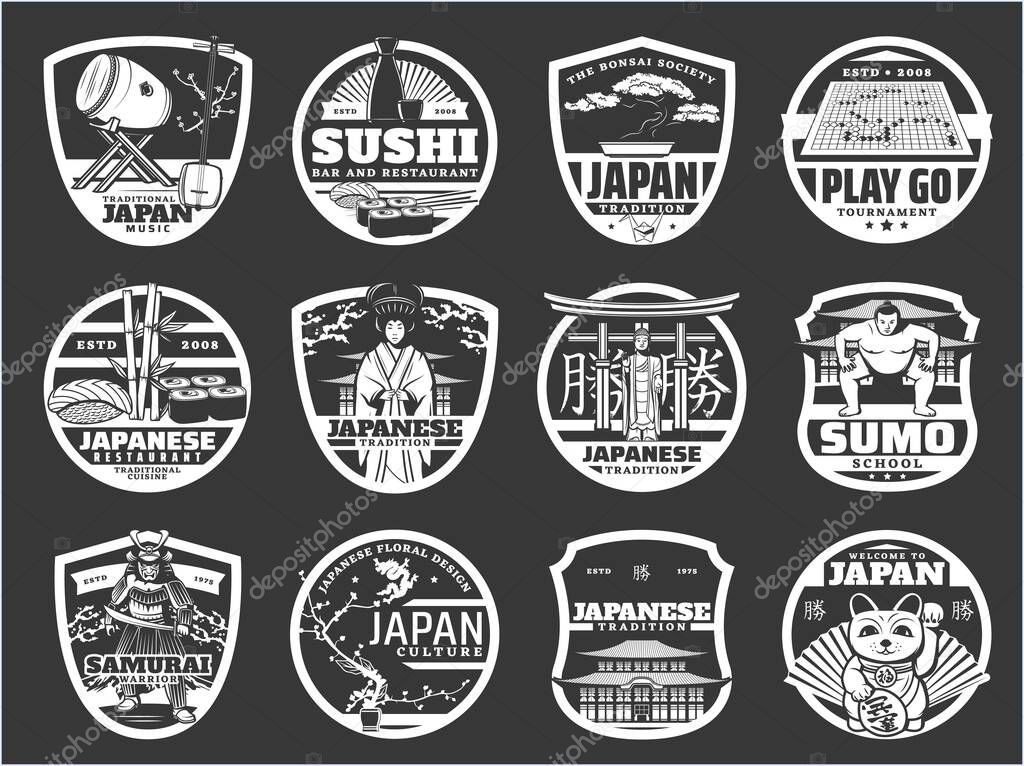 Japan religion, history and culture, Japanese sushi cuisine, travel landmarks vector icons. Japanese music instruments, temple architecture, sushi restaurant, samurai armor museum and sumo school