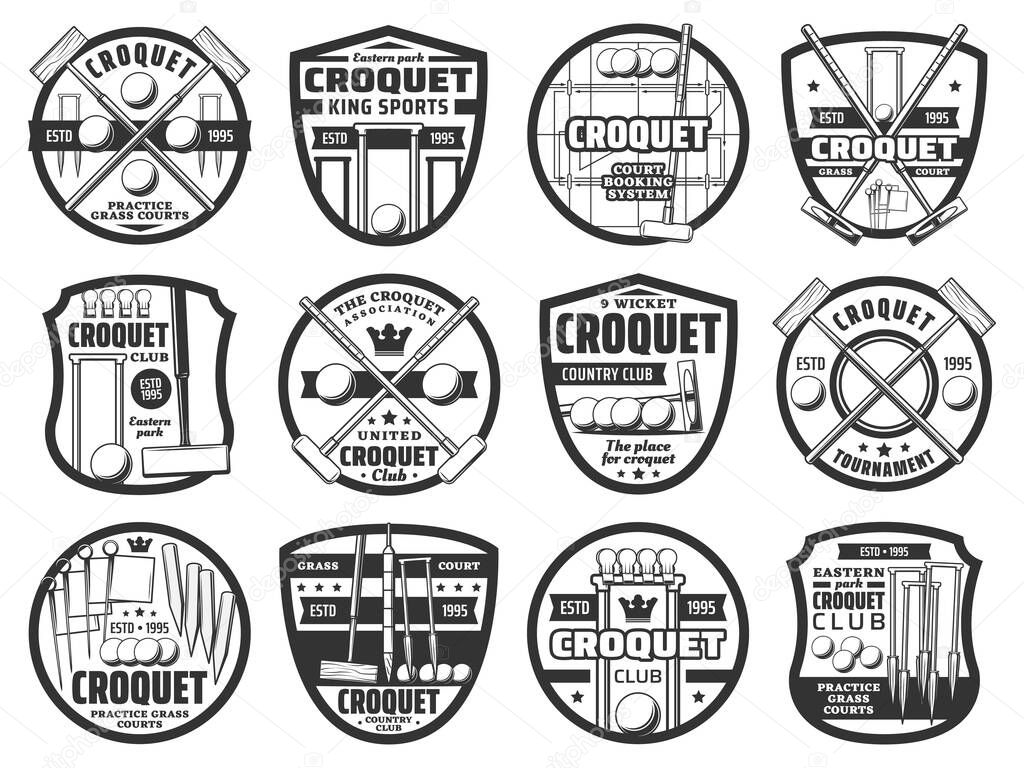 Croquet sport icons, equipment and items, country team club tournament vector emblem. Croquet playing equipment items, crossed bats, balls and wicket hoops, croquet club association and booking signs