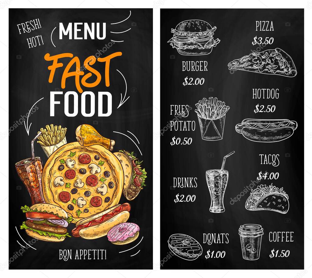 Fast food sketch chalkboard menu burgers, pizza and hamburgers, vector restaurant cafe sandwiches. Fastfood menu for cheeseburger, potato fries and Mexican tacos, coffee, soda drinks and donuts