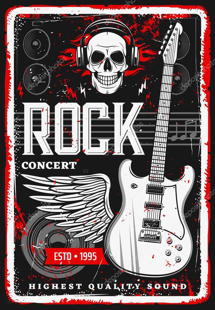 Rock music poster with skull and guitar, concert festival Guitar Hard rock concert and heavy mental band festival grunge poster with skull in headphones, notes, sound loudspeaker, wings and fire flame