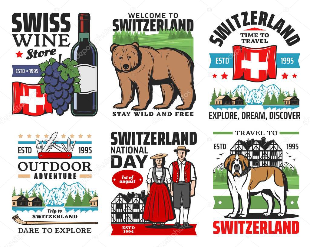 Swiss travel icons, Switzerland Alps mountains, Geneva and Zurich city culture landmarks, vector. Welcome to Switzerland, nature adventure trips, wine store and national costumes, Swiss knife and flag