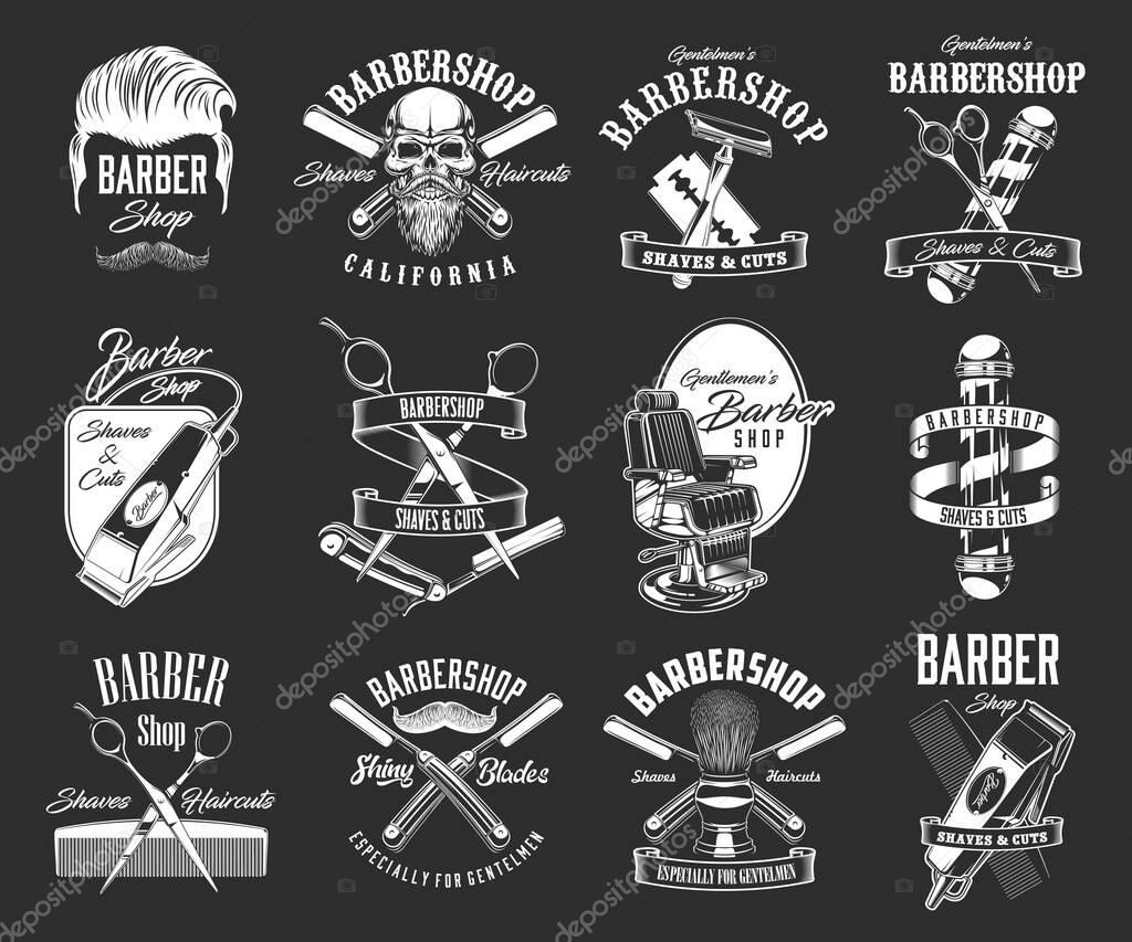Barbershop haircut icons, vintage, hipster hairdresser pole and skull beard vector signs. Barber shop salon hair cutting tools, beard trimmer, mustache shaving brush and razor, scissors and comb